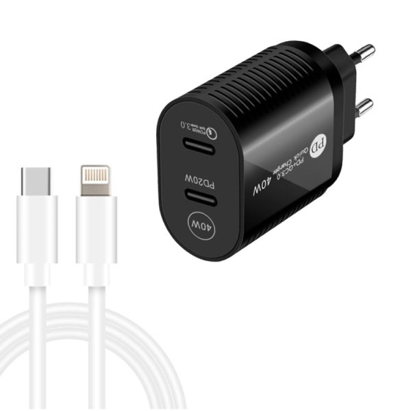 SYA001609901A-1.jpg 40W Dual Port PD / Type-C Fast Charger with Type-C to 8 Pin Data Cable, EU Plug, EU Plug + Type-C to 8 Pin Cable
