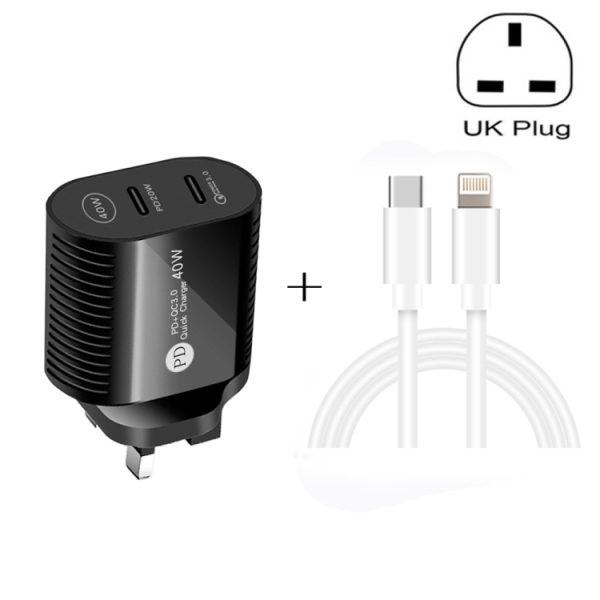 SYA001610001_B1.jpg 40W Dual Port PD / Type-C Fast Charger with Type-C to 8 Pin Data Cable, UK Plug, UK Plug + Type-C to 8 Pin Cable