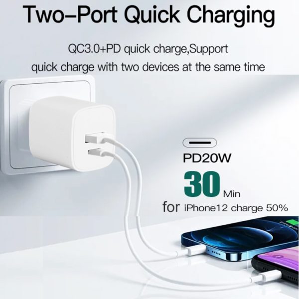 CS-20W Mini Portable PD3.0 + QC3.0 Dual Ports Fast Charger with 3A USB to 8 Pin Data Cable, Charger + USB to 8 Pin Cable