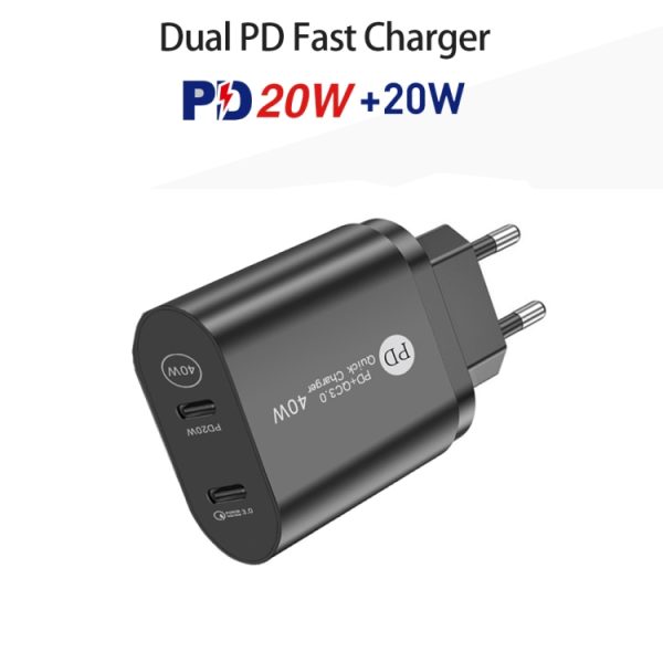 SYA001641801A_1.jpg 002 40W Dual Port PD / Type-C Fast Charger with USB-C to 8 Pin Data Cable, EU Plug, EU Plug + Type-C to 8 Pin Cable