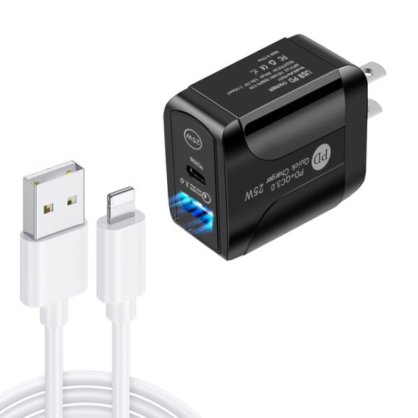 SYA001682201B-1.jpg PD25W USB-C / Type-C + QC3.0 USB Dual Ports Fast Charger with USB to 8 Pin Data Cable, US Plug, US Plug + USB to 8 Pin Cable