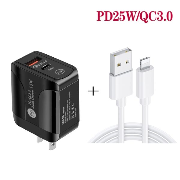 SYA001682201_B2.jpg PD25W USB-C / Type-C + QC3.0 USB Dual Ports Fast Charger with USB to 8 Pin Data Cable, US Plug, US Plug + USB to 8 Pin Cable