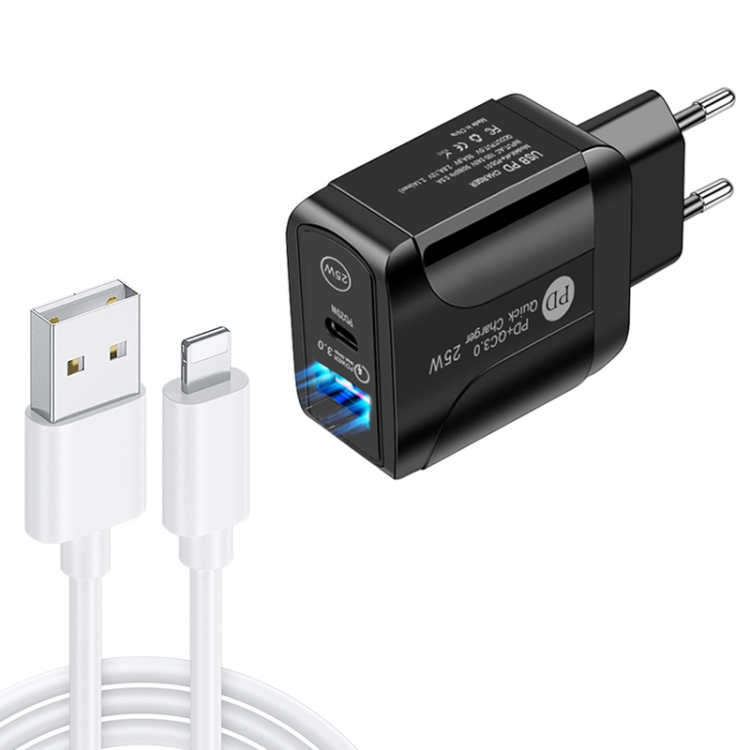 PD25W USB-C / Type-C + QC3.0 USB Dual Ports Fast Charger with USB to 8 Pin Data Cable, EU Plug, EU Plug + USB to 8 Pin Cable 1 PD25W USB-C / Type-C + QC3.0 USB Dual Ports Fast Charger with USB to 8 Pin Data Cable, EU Plug, EU Plug + USB to 8 Pin Cable