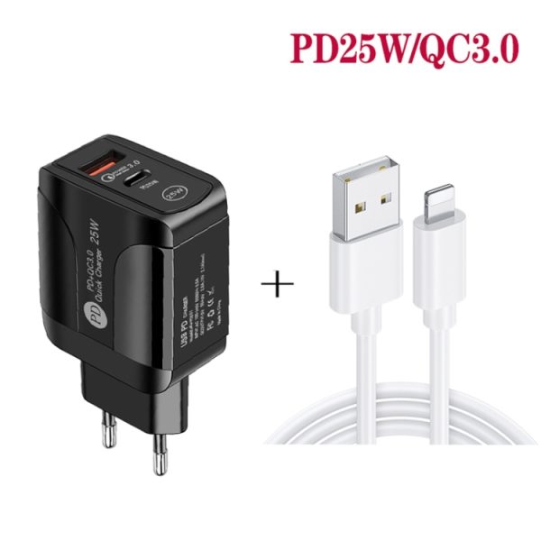 SYA001682301_B2.jpg PD25W USB-C / Type-C + QC3.0 USB Dual Ports Fast Charger with USB to 8 Pin Data Cable, EU Plug, EU Plug + USB to 8 Pin Cable