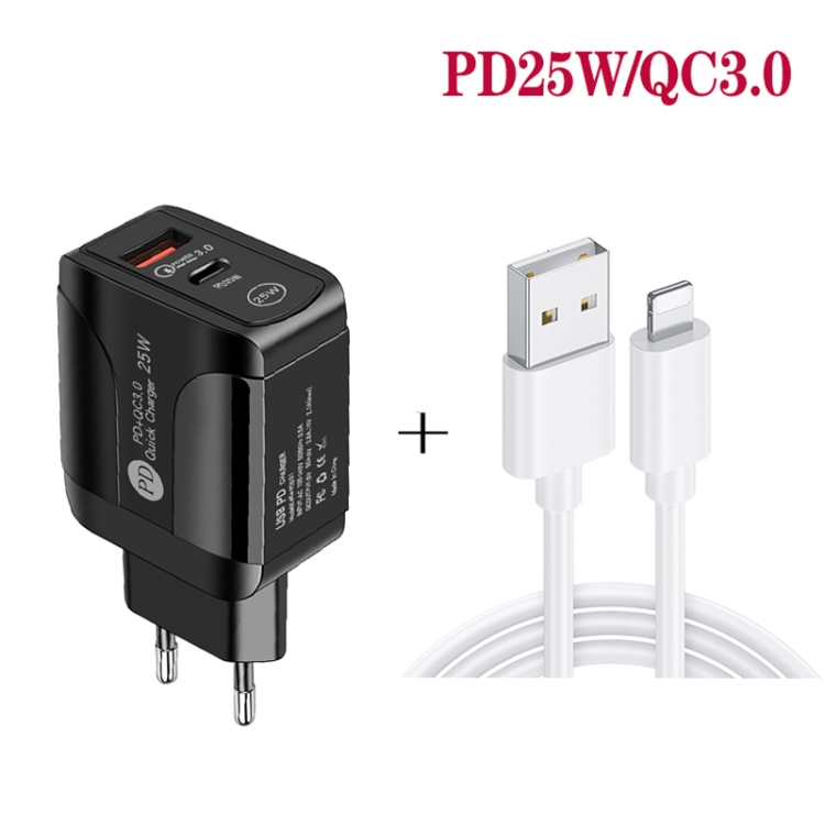 PD25W USB-C / Type-C + QC3.0 USB Dual Ports Fast Charger with USB to 8 Pin Data Cable, EU Plug, EU Plug + USB to 8 Pin Cable 3 PD25W USB-C / Type-C + QC3.0 USB Dual Ports Fast Charger with USB to 8 Pin Data Cable, EU Plug, EU Plug + USB to 8 Pin Cable - Image 3