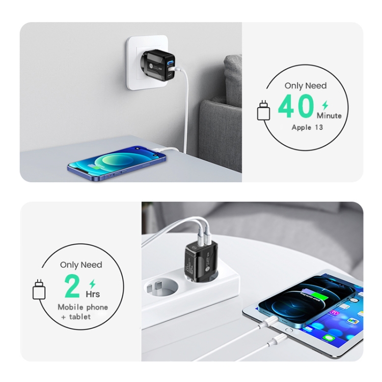 PD25W USB-C / Type-C + QC3.0 USB Dual Ports Fast Charger with USB to 8 Pin Data Cable, EU Plug, EU Plug + USB to 8 Pin Cable 4 PD25W USB-C / Type-C + QC3.0 USB Dual Ports Fast Charger with USB to 8 Pin Data Cable, EU Plug, EU Plug + USB to 8 Pin Cable - Image 4