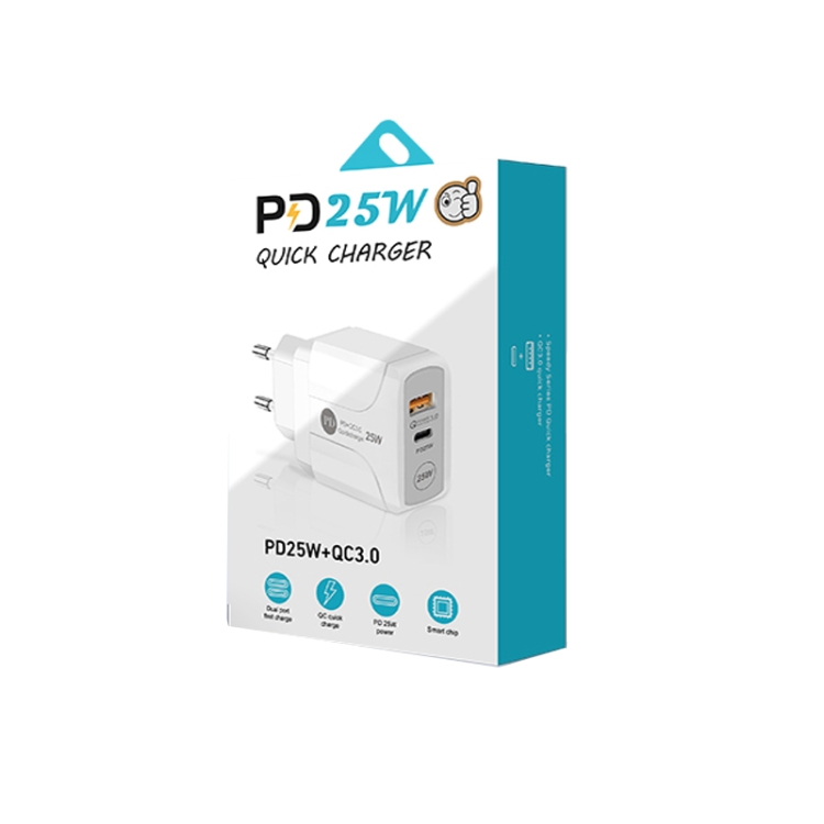 PD25W USB-C / Type-C + QC3.0 USB Dual Ports Fast Charger with USB to 8 Pin Data Cable, EU Plug, EU Plug + USB to 8 Pin Cable 7 PD25W USB-C / Type-C + QC3.0 USB Dual Ports Fast Charger with USB to 8 Pin Data Cable, EU Plug, EU Plug + USB to 8 Pin Cable - Image 7