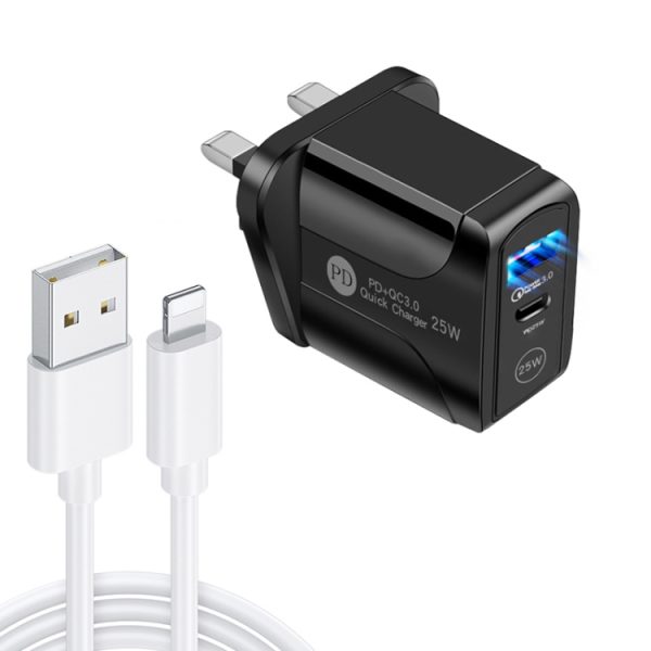 SYA001682401B-1.jpg PD25W USB-C / Type-C + QC3.0 USB Dual Ports Fast Charger with USB to 8 Pin Data Cable, UK Plug, UK Plug + USB to 8 Pin Cable