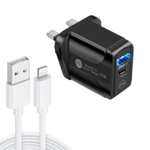 PD25W USB-C / Type-C + QC3.0 USB Dual Ports Fast Charger with USB to 8 Pin Data Cable, UK Plug, UK Plug + USB to 8 Pin Cable