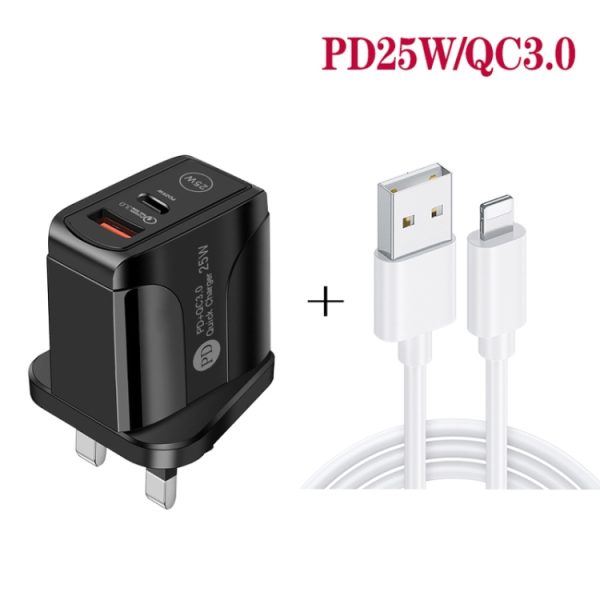 SYA001682401_B2.jpg PD25W USB-C / Type-C + QC3.0 USB Dual Ports Fast Charger with USB to 8 Pin Data Cable, UK Plug, UK Plug + USB to 8 Pin Cable