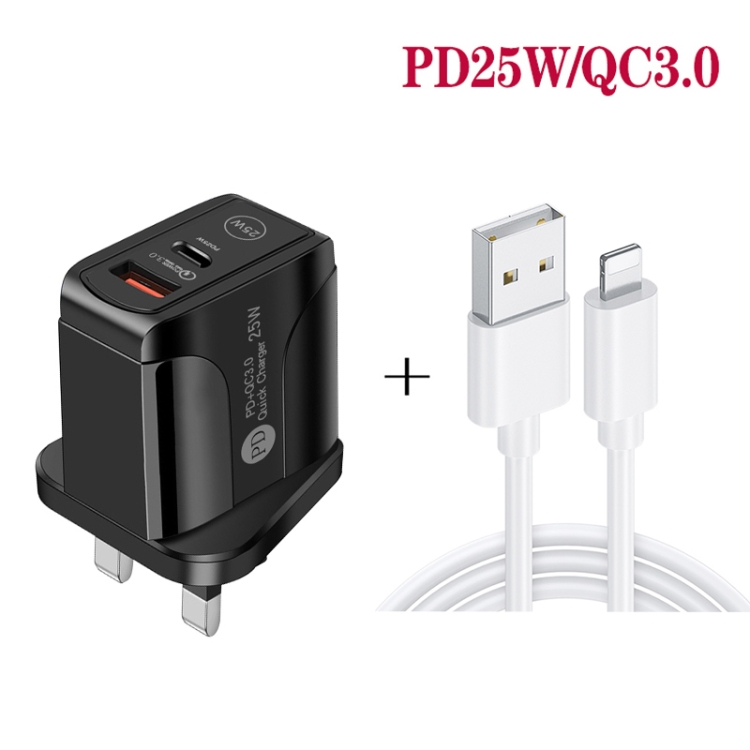 PD25W USB-C / Type-C + QC3.0 USB Dual Ports Fast Charger with USB to 8 Pin Data Cable, UK Plug, UK Plug + USB to 8 Pin Cable 3 PD25W USB-C / Type-C + QC3.0 USB Dual Ports Fast Charger with USB to 8 Pin Data Cable, UK Plug, UK Plug + USB to 8 Pin Cable - Image 3