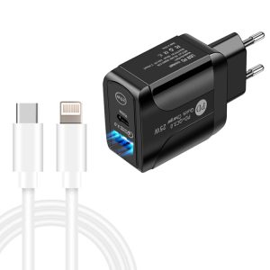 PD25W USB-C / Type-C + QC3.0 USB Dual Ports Fast Charger with USB-C to 8 Pin Data Cable, EU Plug, EU Plug + USB-C to 8 Pin Cable