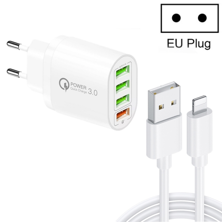 QC-04 QC3.0 + 3 x USB2.0 Multi-ports Charger with 3A USB to 8 Pin Data Cable, EU Plug, EU Plug + 8 Pin Cable 1 QC-04 QC3.0 + 3 x USB2.0 Multi-ports Charger with 3A USB to 8 Pin Data Cable, EU Plug, EU Plug + 8 Pin Cable
