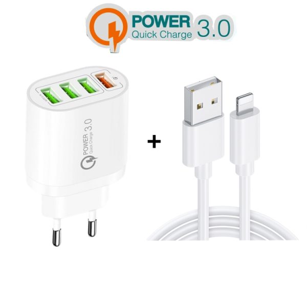 SYA001691501_B2.jpg QC-04 QC3.0 + 3 x USB2.0 Multi-ports Charger with 3A USB to 8 Pin Data Cable, EU Plug, EU Plug + 8 Pin Cable