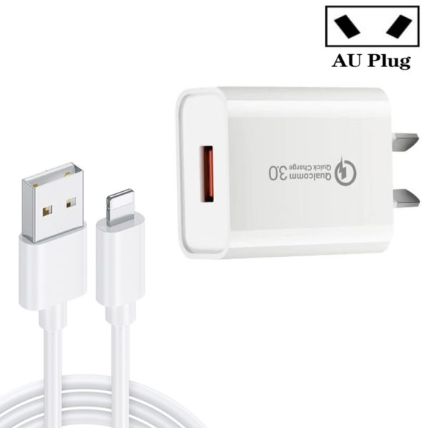 SYA001709201A-1.jpg CA-25 QC3.0 USB 3A Fast Charger with USB to 8 Pin Data Cable, AU Plug, AU Plug + 8 Pin Cable