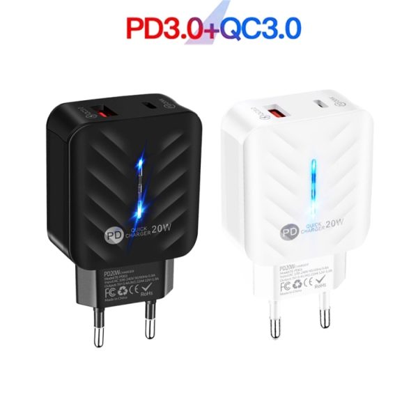 SYA001726301_B1.jpg PD03 20W PD3.0 + QC3.0 USB Charger with USB to 8 Pin Data Cable, EU Plug, EU Plug + USB to 8 Pin Cable