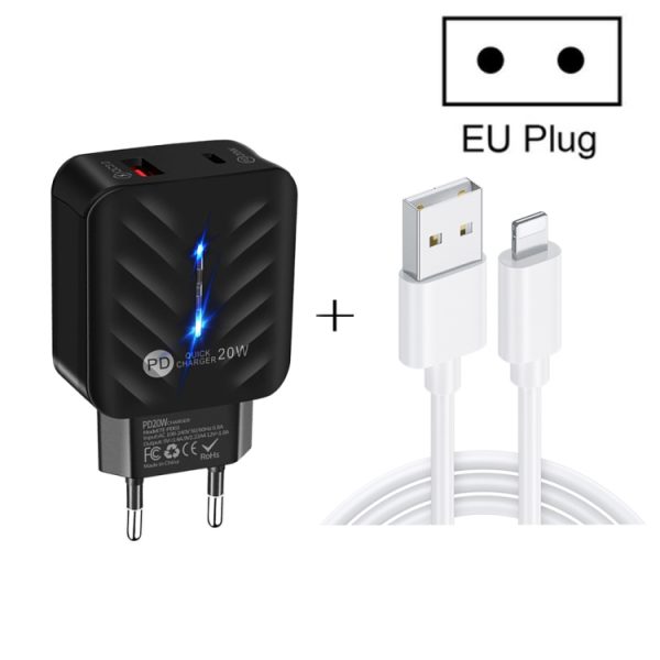 SYA001726301_B2.jpg PD03 20W PD3.0 + QC3.0 USB Charger with USB to 8 Pin Data Cable, EU Plug, EU Plug + USB to 8 Pin Cable