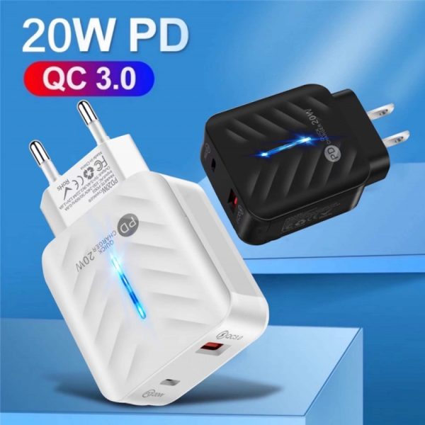 SYA001726301_B4.jpg PD03 20W PD3.0 + QC3.0 USB Charger with USB to 8 Pin Data Cable, EU Plug, EU Plug + USB to 8 Pin Cable