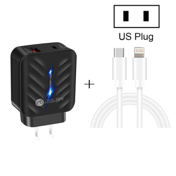 SYA001727401_B2.jpg PD03 20W PD3.0 + QC3.0 USB Charger with Type-C to 8 Pin Data Cable, US Plug, US Plug + Type-C to 8 Pin Cable
