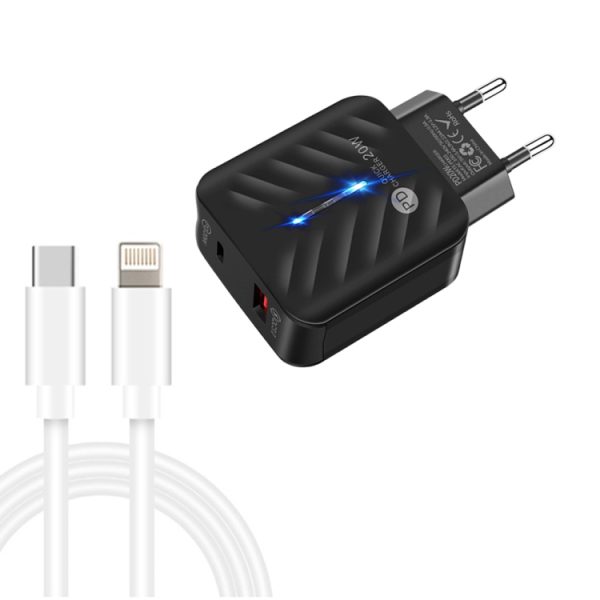 SYA001727501A-1.jpg PD03 20W PD3.0 + QC3.0 USB Charger with Type-C to 8 Pin Data Cable, EU Plug, EU Plug + Type-C to 8 Pin Cable