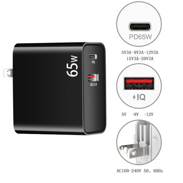 SYA001826201_B1.jpg PD-65W USB-C / Type-C + QC3. 0 USB Laptop Charging Adapter, UK Plug / US Plug, UK Plug / US Plug