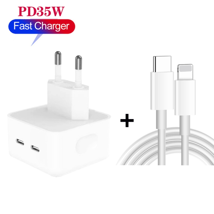 PD 35W Dual USB-C / Type-C Ports Charger with Type-C to 8 Pin Data Cable, EU Plug, EU Plug + 1.5m 8 Pin Cable, EU Plug + 2m 8 Pin Cable 2 PD 35W Dual USB-C / Type-C Ports Charger with Type-C to 8 Pin Data Cable, EU Plug, EU Plug + 1.5m 8 Pin Cable, EU Plug + 2m 8 Pin Cable - Image 2