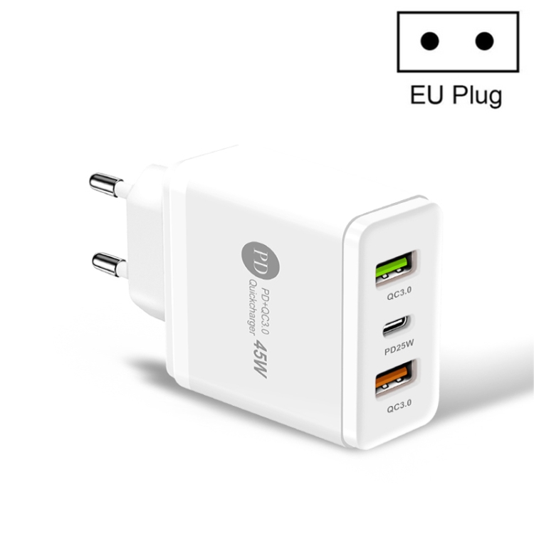 45W PD3.0 + 2 x QC3.0 USB Multi Port Quick Charger, EU Plug, EU Plug 1 45W PD3.0 + 2 x QC3.0 USB Multi Port Quick Charger, EU Plug, EU Plug