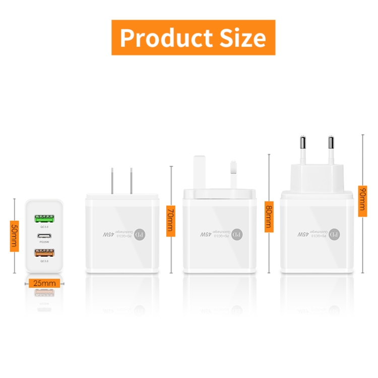 45W PD3.0 + 2 x QC3.0 USB Multi Port Quick Charger, EU Plug, EU Plug 6 45W PD3.0 + 2 x QC3.0 USB Multi Port Quick Charger, EU Plug, EU Plug - Image 6