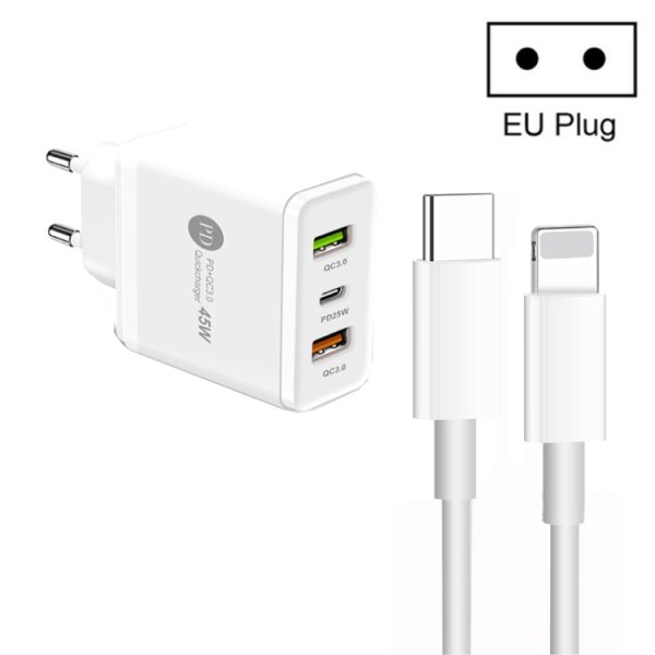 SYA001932501A-1.jpg 45W PD3.0 + 2 x QC3.0 USB Multi Port Charger with Type-C to 8 Pin Cable, EU Plug, EU Plug + Type-C to 8 Pin Cable