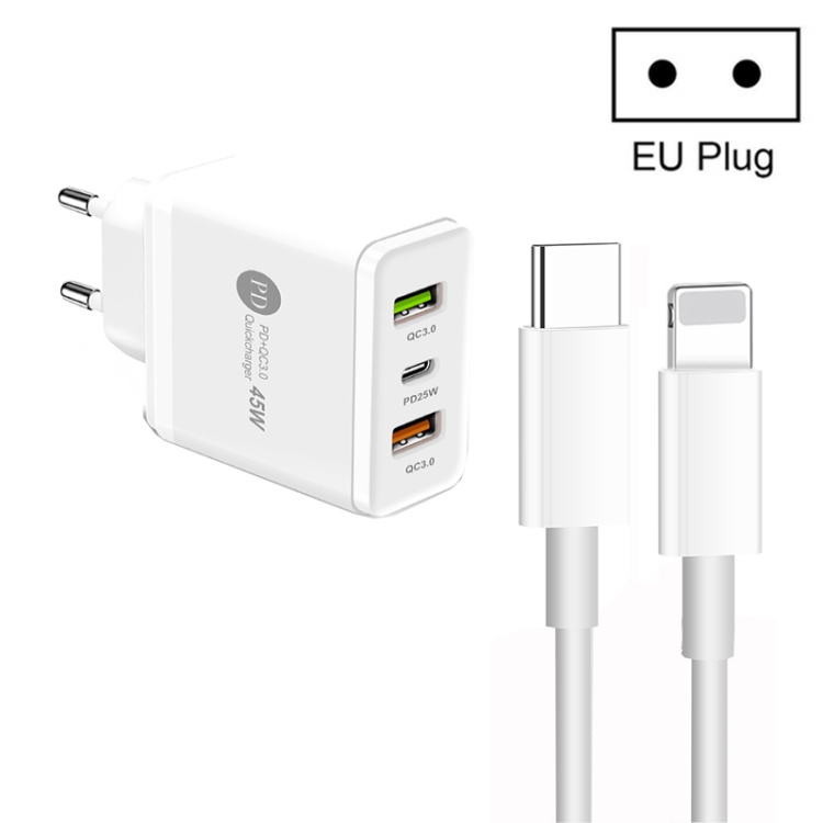 45W PD3.0 + 2 x QC3.0 USB Multi Port Charger with Type-C to 8 Pin Cable, EU Plug, EU Plug + Type-C to 8 Pin Cable 1 45W PD3.0 + 2 x QC3.0 USB Multi Port Charger with Type-C to 8 Pin Cable, EU Plug, EU Plug + Type-C to 8 Pin Cable