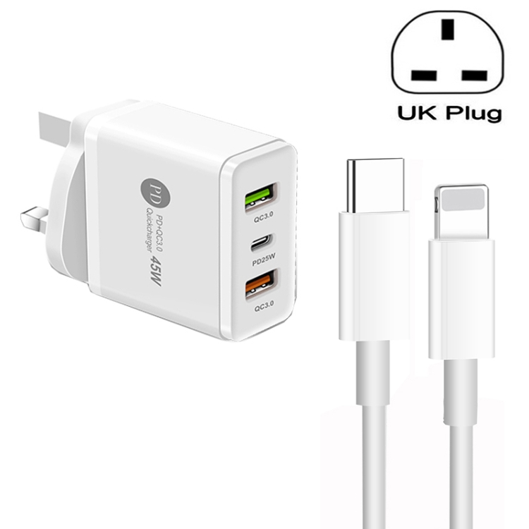 45W PD3.0 + 2 x QC3.0 USB Multi Port Charger with Type-C to 8 Pin Cable, UK Plug, UK Plug + Type-C to 8 Pin Cable 1 45W PD3.0 + 2 x QC3.0 USB Multi Port Charger with Type-C to 8 Pin Cable, UK Plug, UK Plug + Type-C to 8 Pin Cable