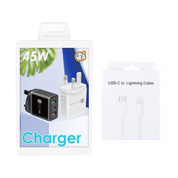 SYA001932601_B6.jpg 45W PD3.0 + 2 x QC3.0 USB Multi Port Charger with Type-C to 8 Pin Cable, UK Plug, UK Plug + Type-C to 8 Pin Cable