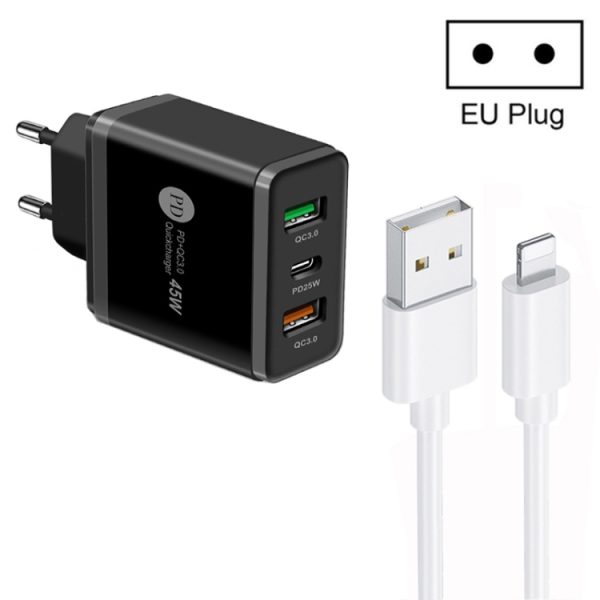 SYA001933301A-1.jpg 45W PD25W + 2 x QC3.0 USB Multi Port Charger with USB to 8 Pin Cable, EU Plug, EU Plug + USB to 8 Pin Cable