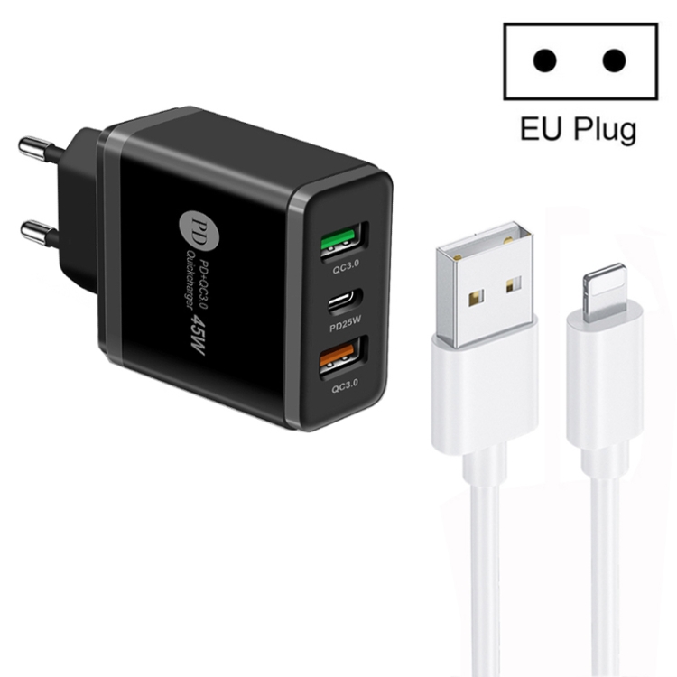 45W PD25W + 2 x QC3.0 USB Multi Port Charger with USB to 8 Pin Cable, EU Plug, EU Plug + USB to 8 Pin Cable 1 45W PD25W + 2 x QC3.0 USB Multi Port Charger with USB to 8 Pin Cable, EU Plug, EU Plug + USB to 8 Pin Cable