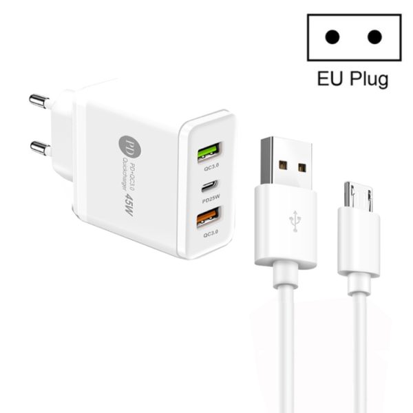 SYA001933901A-1.jpg 45W PD25W + 2 x QC3.0 USB Multi Port Charger with USB to Micro USB Cable, EU Plug, EU Plug + USB to Micro USB Cable