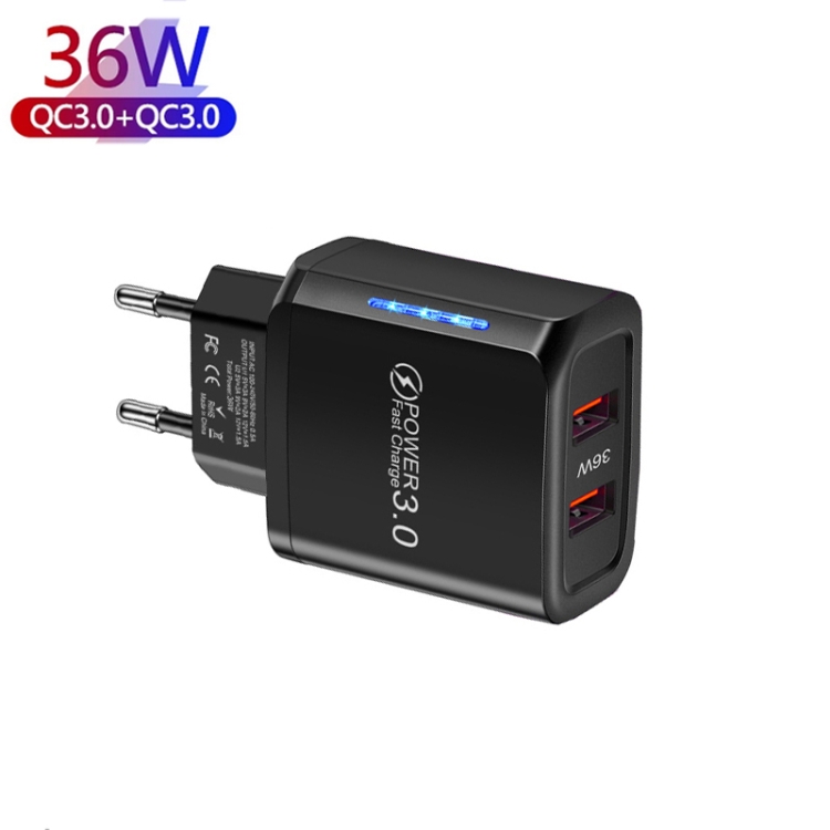36W Dual Port QC3.0 USB Mobile Phone Charger Dual 18W Output, EU Plug, EU Plug 2 36W Dual Port QC3.0 USB Mobile Phone Charger Dual 18W Output, EU Plug, EU Plug - Image 2
