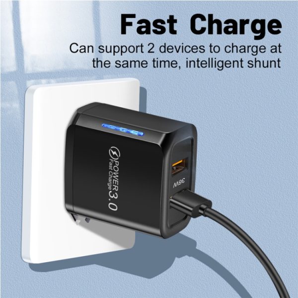 36W Dual Port QC3.0 USB Mobile Phone Charger Dual 18W Output, EU Plug, EU Plug