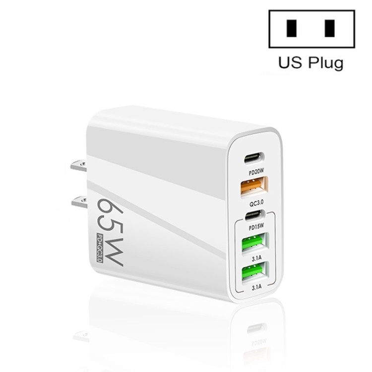 65W Dual PD Type-C + 3 x USB Multi Port Charger for Phone and Tablet PC, US Plug, US Plug 1 65W Dual PD Type-C + 3 x USB Multi Port Charger for Phone and Tablet PC, US Plug, US Plug