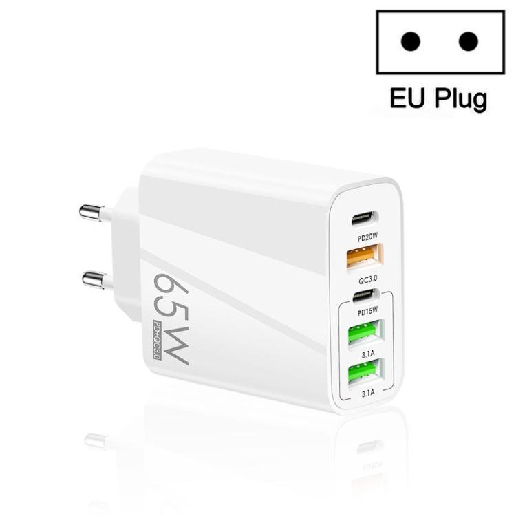65W Dual PD Type-C + 3 x USB Multi Port Charger for Phone and Tablet PC, EU Plug, EU Plug 1 65W Dual PD Type-C + 3 x USB Multi Port Charger for Phone and Tablet PC, EU Plug, EU Plug