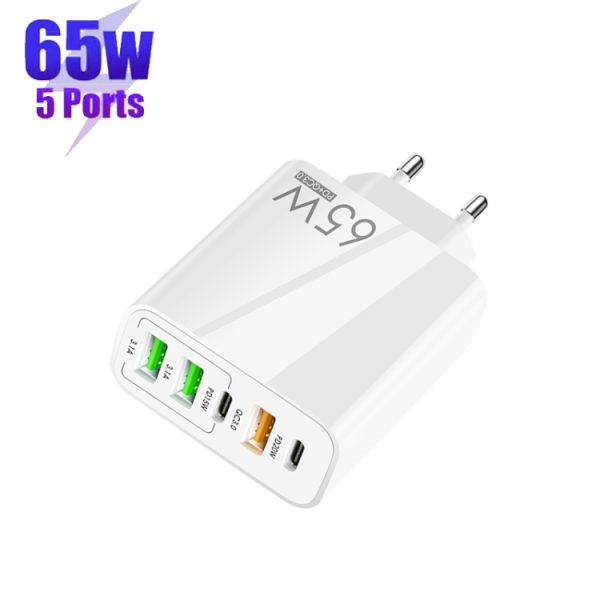 SYA001973601A_1.jpg 65W Dual PD Type-C + 3 x USB Multi Port Charger for Phone and Tablet PC, EU Plug, EU Plug
