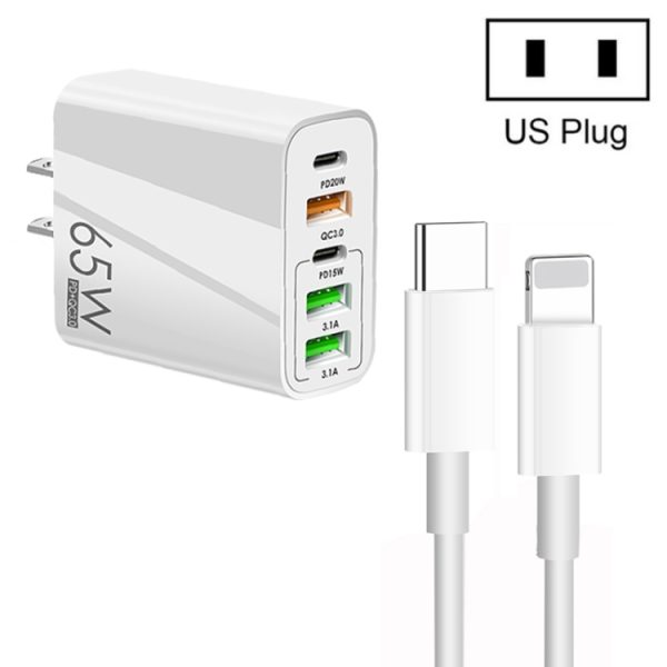SYA001975201A-1.jpg 65W Dual PD Type-C + 3 x USB Multi Port Charger with 3A Type-C to 8 Pin Data Cable, US Plug, US Plug + Type-C to 8 Pin Cable