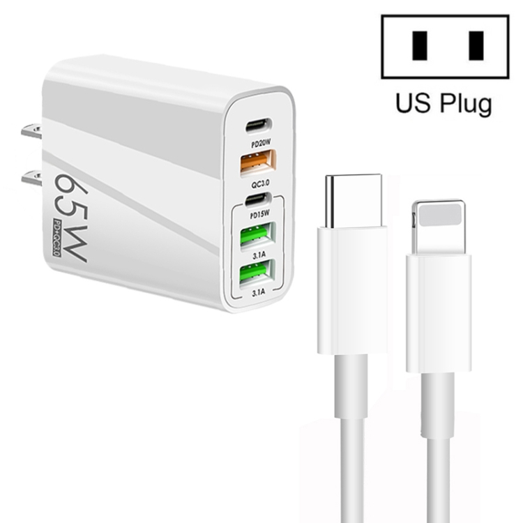 65W Dual PD Type-C + 3 x USB Multi Port Charger with 3A Type-C to 8 Pin Data Cable, US Plug, US Plug + Type-C to 8 Pin Cable 1 65W Dual PD Type-C + 3 x USB Multi Port Charger with 3A Type-C to 8 Pin Data Cable, US Plug, US Plug + Type-C to 8 Pin Cable