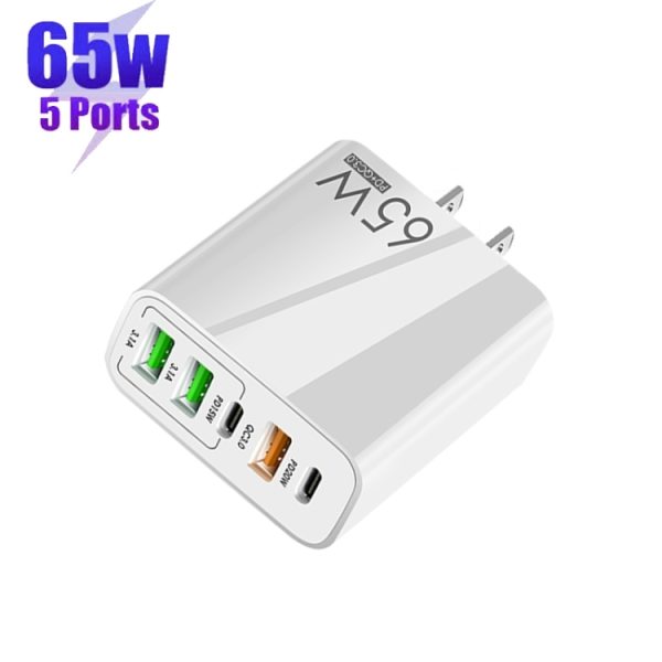 SYA001975201A_1.jpg 65W Dual PD Type-C + 3 x USB Multi Port Charger with 3A Type-C to 8 Pin Data Cable, US Plug, US Plug + Type-C to 8 Pin Cable