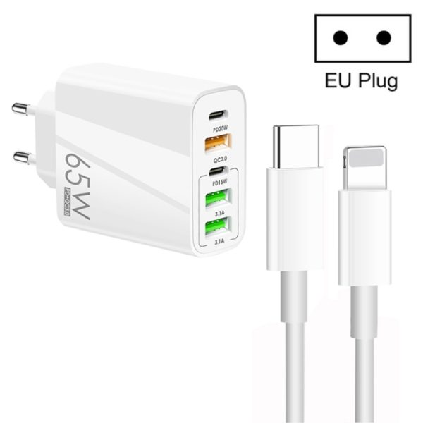 SYA001975301A-1.jpg 65W Dual PD Type-C + 3 x USB Multi Port Charger with 3A Type-C to 8 Pin Data Cable, EU Plug, EU Plug + Type-C to 8 Pin Cable