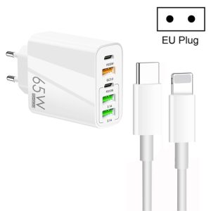 65W Dual PD Type-C + 3 x USB Multi Port Charger with 3A Type-C to 8 Pin Data Cable, EU Plug, EU Plug + Type-C to 8 Pin Cable
