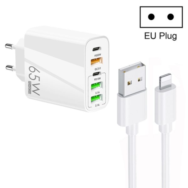 SYA001975601A-1.jpg 65W Dual PD Type-C + 3 x USB Multi Port Charger with 3A USB to 8 Pin Data Cable, EU Plug, EU Plug + USB to 8 Pin Cable