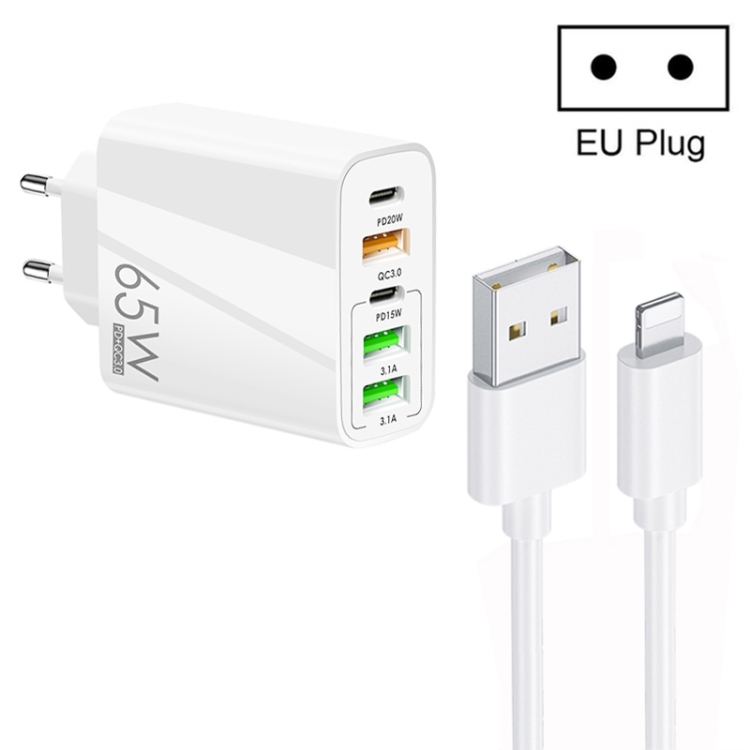 65W Dual PD Type-C + 3 x USB Multi Port Charger with 3A USB to 8 Pin Data Cable, EU Plug, EU Plug + USB to 8 Pin Cable 1 65W Dual PD Type-C + 3 x USB Multi Port Charger with 3A USB to 8 Pin Data Cable, EU Plug, EU Plug + USB to 8 Pin Cable