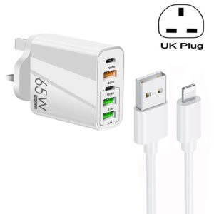 65W Dual PD Type-C + 3 x USB Multi Port Charger with 3A USB to 8 Pin Data Cable, UK Plug, UK Plug + USB to 8 Pin Cable