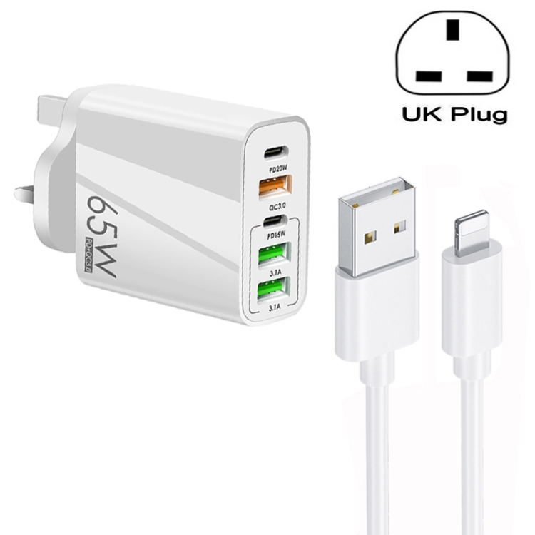 65W Dual PD Type-C + 3 x USB Multi Port Charger with 3A USB to 8 Pin Data Cable, UK Plug, UK Plug + USB to 8 Pin Cable 1 65W Dual PD Type-C + 3 x USB Multi Port Charger with 3A USB to 8 Pin Data Cable, UK Plug, UK Plug + USB to 8 Pin Cable