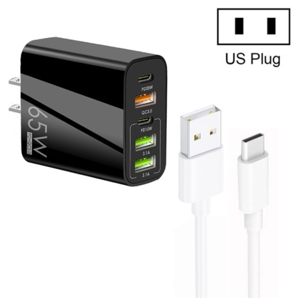 SYA001975801A-1.jpg 65W Dual PD Type-C + 3 x USB Multi Port Charger with 3A USB to Type-C Data Cable, US Plug, US Plug + USB to Type-C Cable